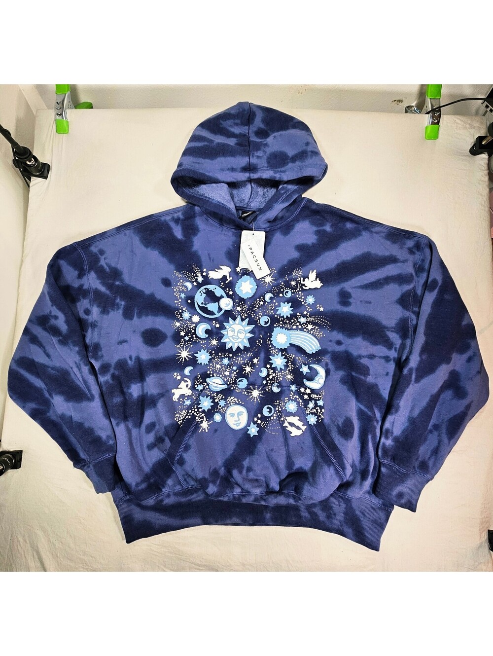 NWT PacSun XS Galaxy Blue Tie Dye Celestial Graphic Oversized Hoodie Sun Moon